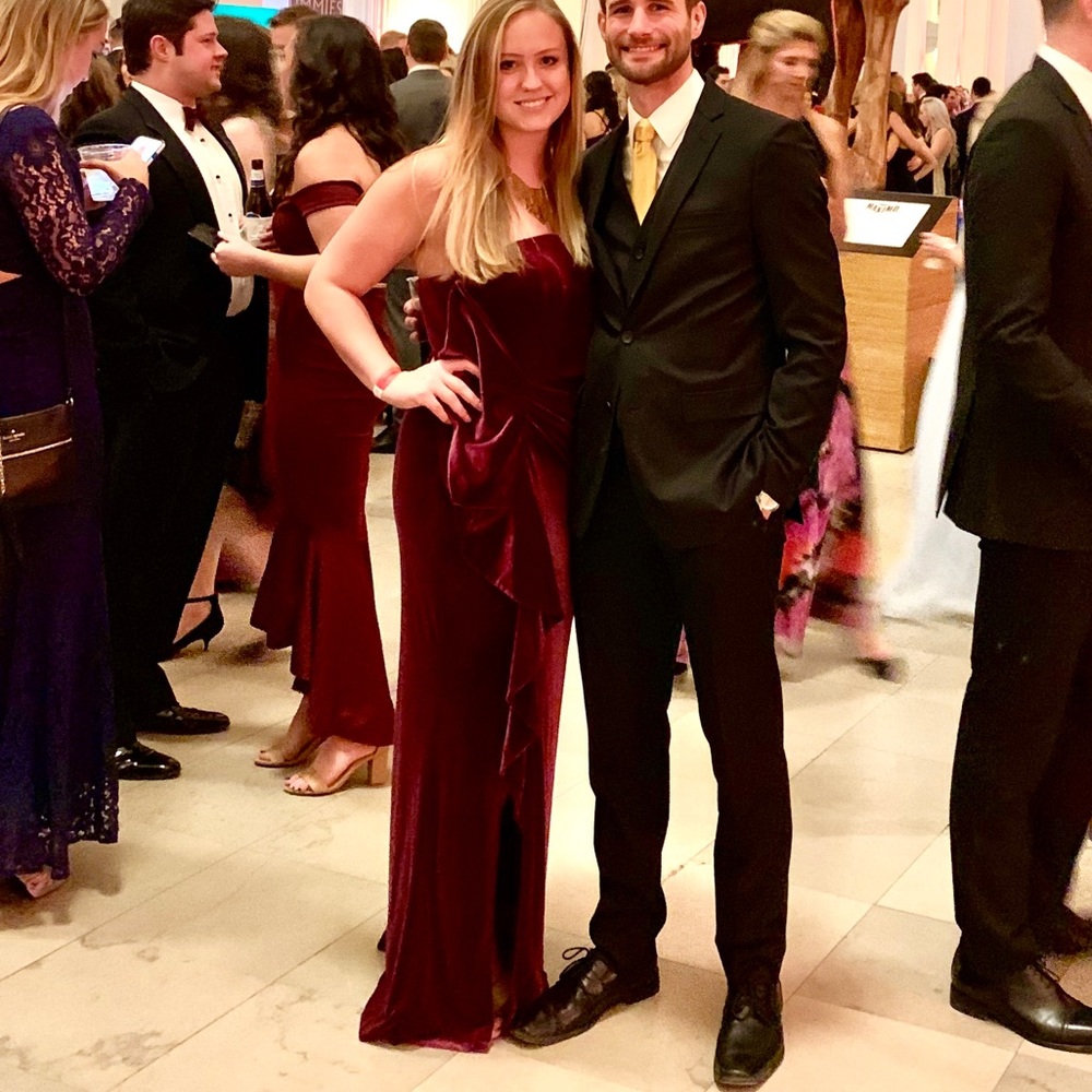 Floor-length velvet strapless dress
